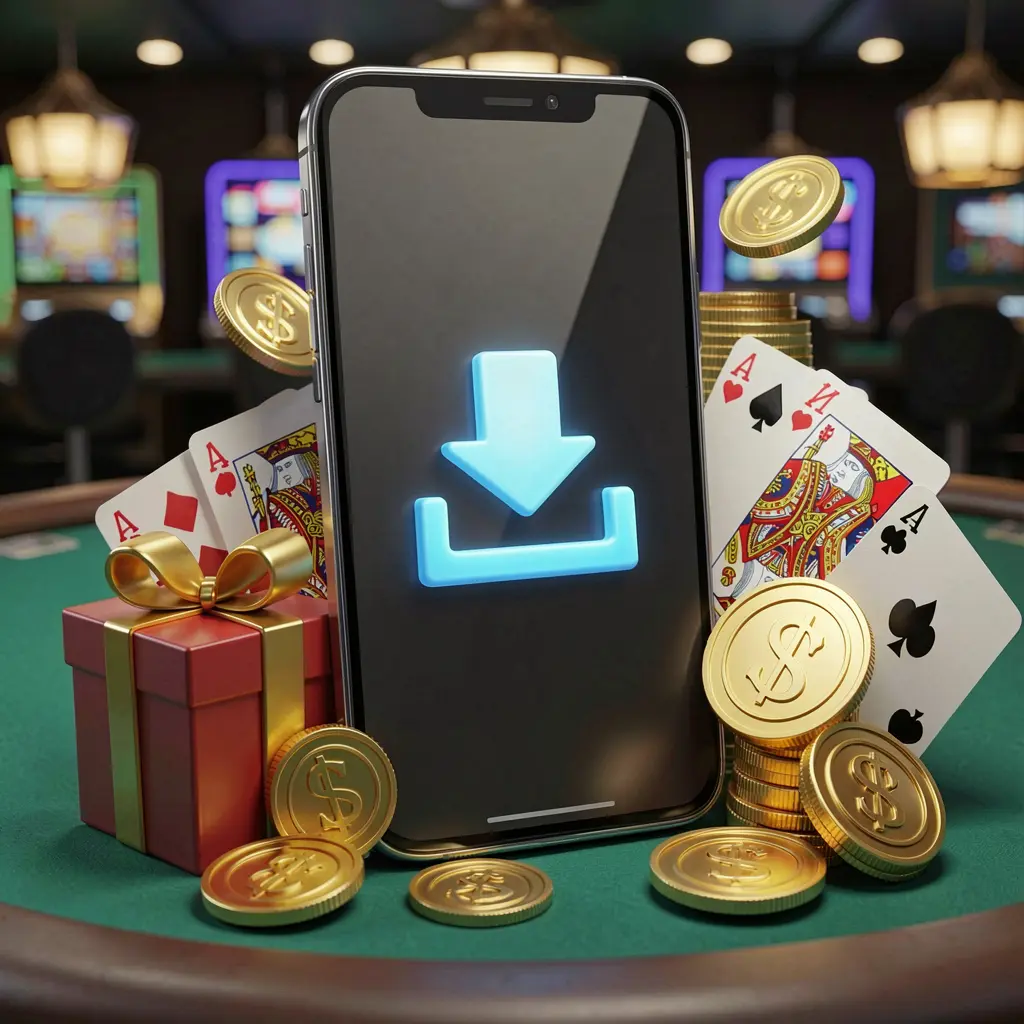 A800 casino app download concept showing a smartphone with a download icon surrounded by golden coins, a gift box, and playing cards in a realistic 3D mobile gaming atmosphere