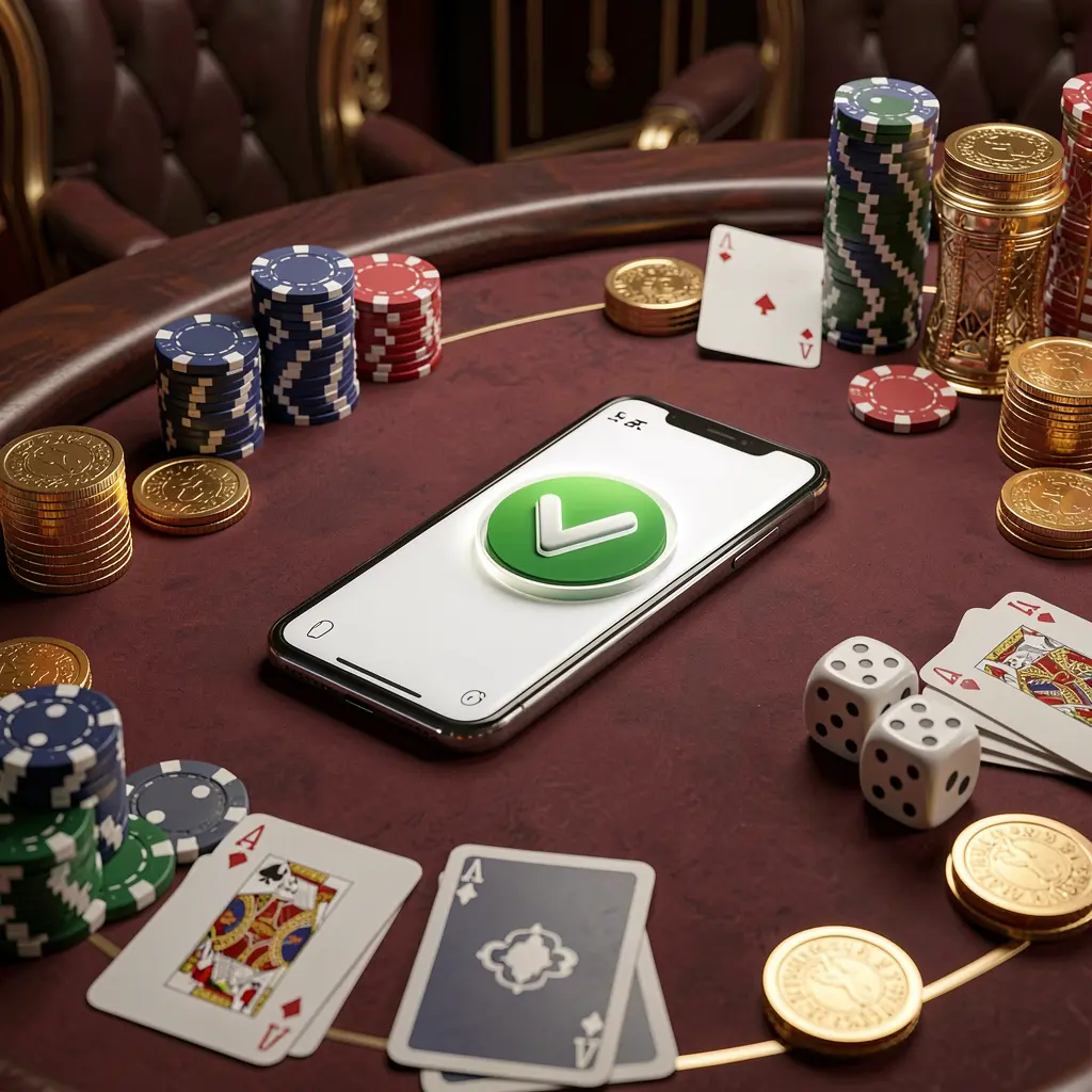 A800 safe casino login concept showing a smartphone with a verification checkmark icon surrounded by chips, cards, dice, and golden coins on an elegant luxury casino table in a 3D realistic render