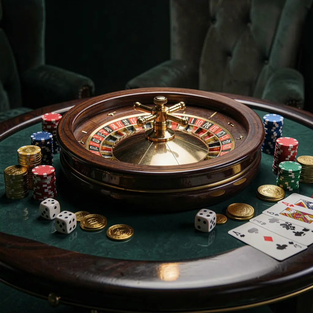 A800 premium casino homepage scene with a roulette wheel spinning on a glossy table surrounded by poker chips, dice, cards, and golden coins against an elegant dark background with cinematic lighting