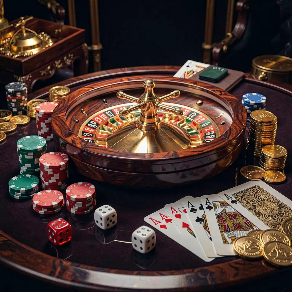 A800 premium casino homepage scene featuring a roulette wheel spinning on a glossy table surrounded by poker chips, dice, cards, and golden coins with an elegant dark background and cinematic lighting